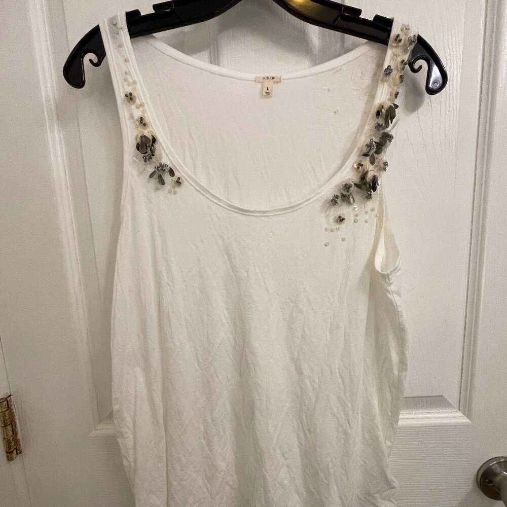 J Crew White Embellished Tank Pima Cotton White Tank Shirt size L